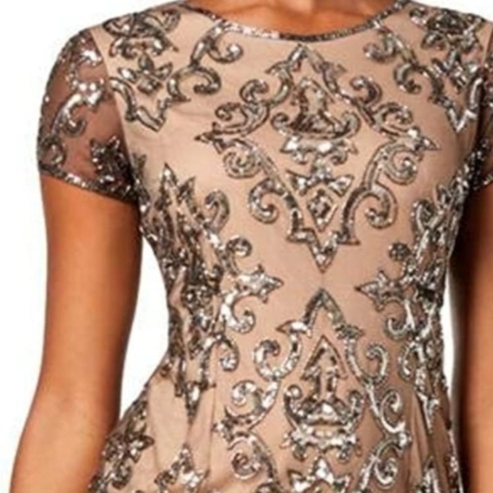 Adrianna Papell Taupe Mesh Midi Silver Sequin Embellishment Dress Size 4 - Picture 2 of 11